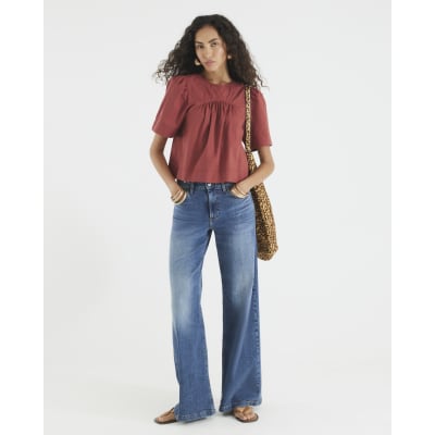 Red Poplin Short Sleeve Smock Top