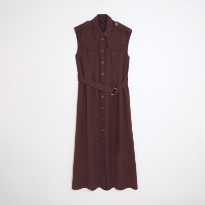 Red Premium Midi Utility Shirt Dress