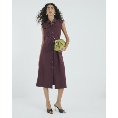 Red Premium Midi Utility Shirt Dress
