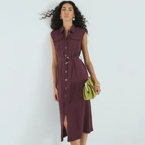 Red Premium Midi Utility Shirt Dress