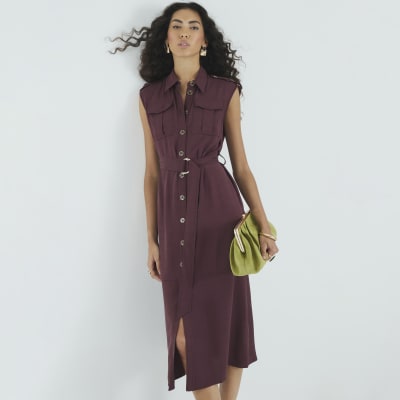 Red Premium Midi Utility Shirt Dress