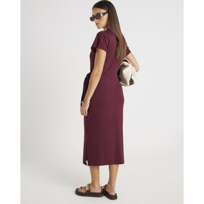 Red Premium Short Sleeve Knot Midi Dress