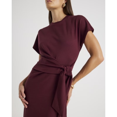 Red Premium Short Sleeve Knot Midi Dress