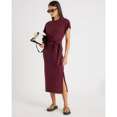 Red Premium Short Sleeve Knot Midi Dress