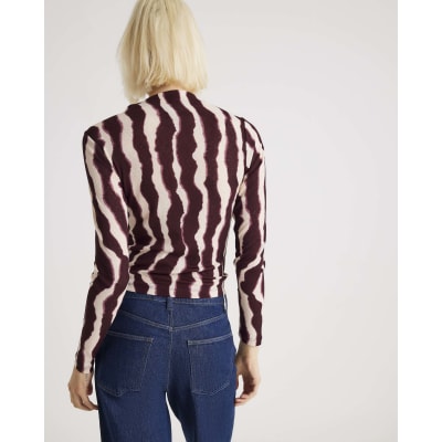 Red Ruched Wavy Print Mesh Top