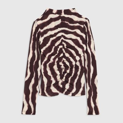 Red Ruched Wavy Print Mesh Top