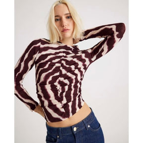 Red Ruched Wavy Print Mesh Top