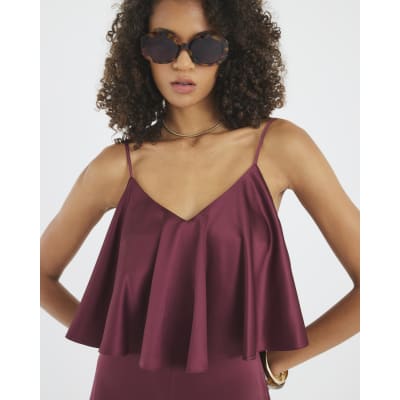 Red Satin Sleeveless Frill Jumpsuit