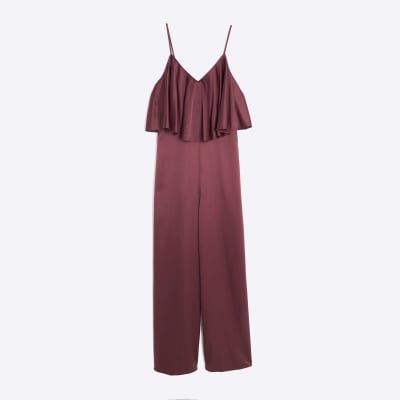 Red Satin Sleeveless Frill Jumpsuit