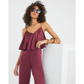 Red Satin Sleeveless Frill Jumpsuit