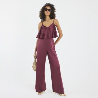 Red Satin Sleeveless Frill Jumpsuit
