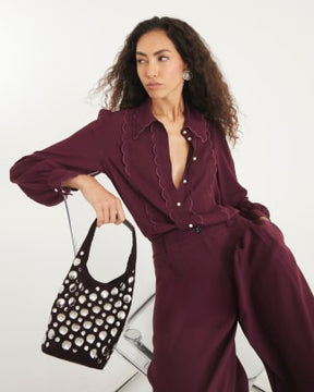 Red Scallop Trim Chiffon Shirt