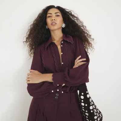 Red Scallop Trim Chiffon Shirt
