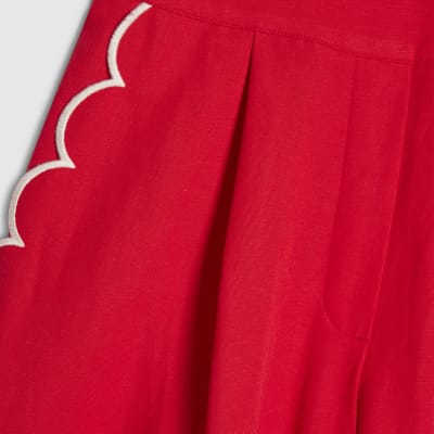 Red Scallop Trim Wide Leg Trousers