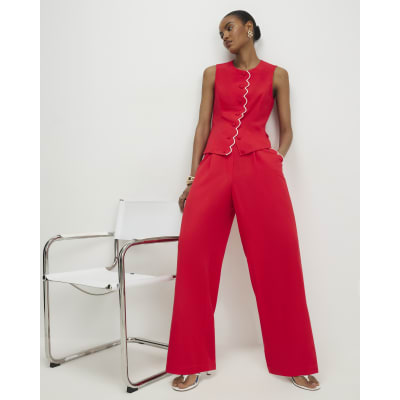 Red Scallop Trim Wide Leg Trousers