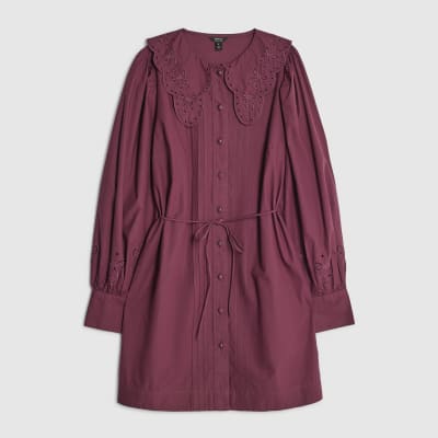 Red Scalloped Collar Mini Shirt Dress