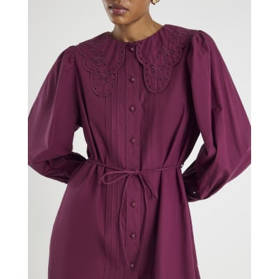 Red Scalloped Collar Mini Shirt Dress