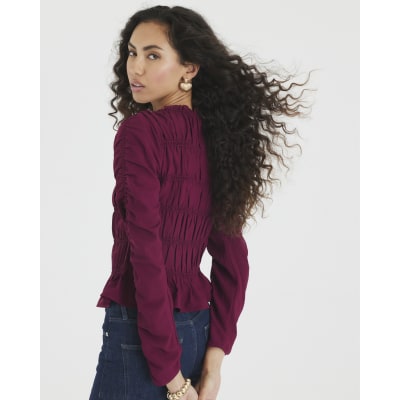 Red Shirred Long Sleeve Top