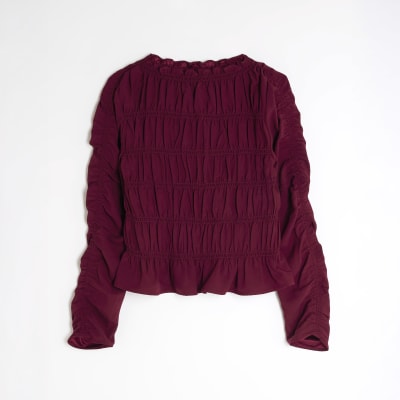 Red Shirred Long Sleeve Top