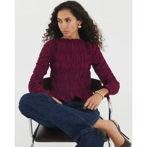 Red Shirred Long Sleeve Top