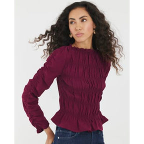 Red Shirred Long Sleeve Top