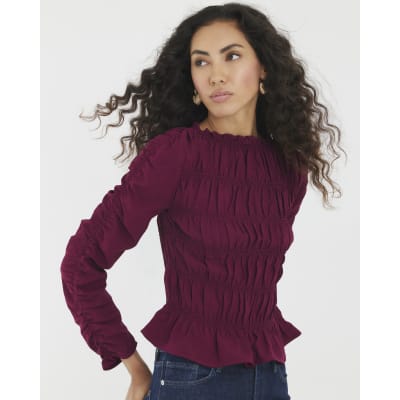 Red Shirred Long Sleeve Top