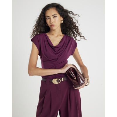 Red Short Sleeve Cowl Neck Top