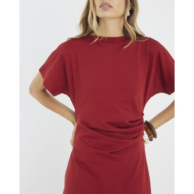 Red Short Sleeve Drape Side Midi Dress