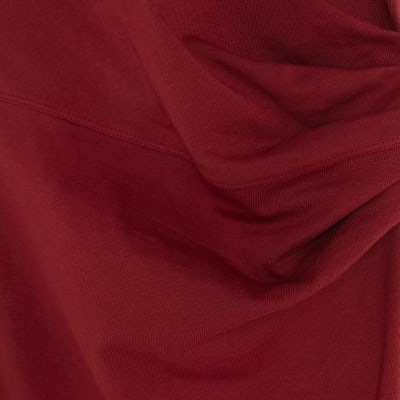 Red Short Sleeve Drape Side Midi Dress