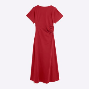 Red Short Sleeve Drape Side Midi Dress
