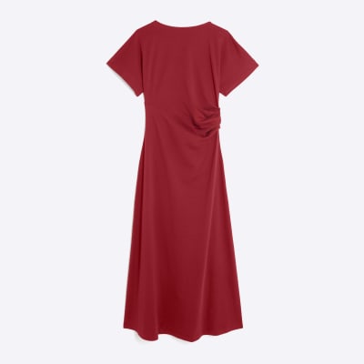Red Short Sleeve Drape Side Midi Dress