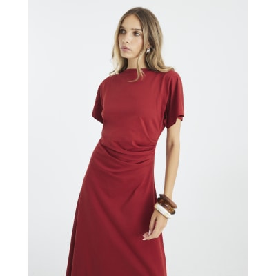 Red Short Sleeve Drape Side Midi Dress