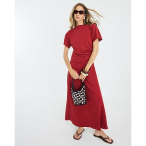 Red Short Sleeve Drape Side Midi Dress