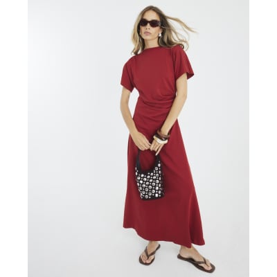 Red Short Sleeve Drape Side Midi Dress