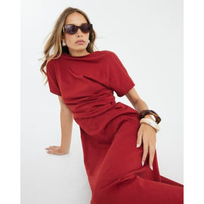 Red Short Sleeve Drape Side Midi Dress