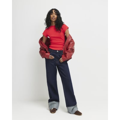 Red Short Sleeve Fitted Ribbed T-shirt