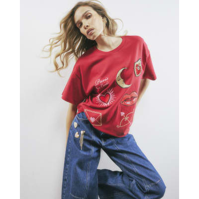 Red Short Sleeve Paris Graphic Print T-shirt
