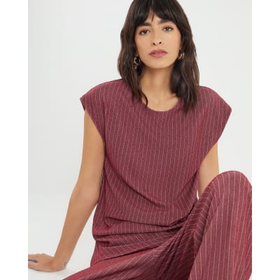 Red Short Sleeve Pinstripe Tie Detail Top