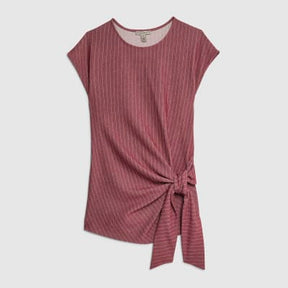 Red Short Sleeve Pinstripe Tie Detail Top