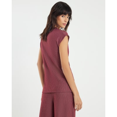 Red Short Sleeve Pinstripe Tie Detail Top