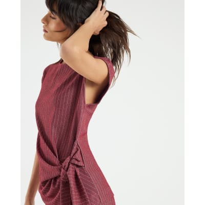 Red Short Sleeve Pinstripe Tie Detail Top