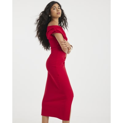 Red Short Sleeve Ruched Midi Dress
