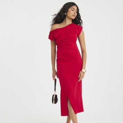 Red Short Sleeve Ruched Midi Dress