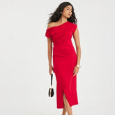 Red Short Sleeve Ruched Midi Dress