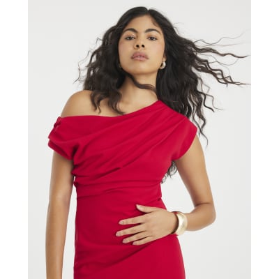 Red Short Sleeve Ruched Midi Dress