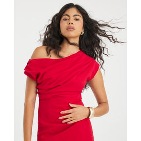 Red Short Sleeve Ruched Midi Dress