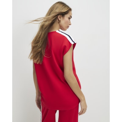 Red Short Sleeve Tape Detail V Neck Top