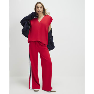 Red Short Sleeve Tape Detail V Neck Top