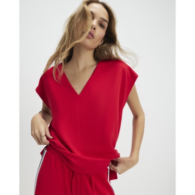 Red Short Sleeve Tape Detail V Neck Top