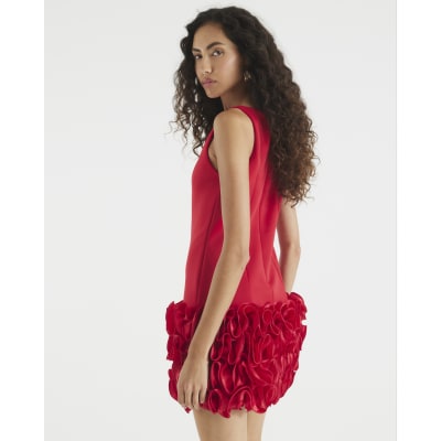 Red Sleeveless 3D Floral Hem Mini Dress